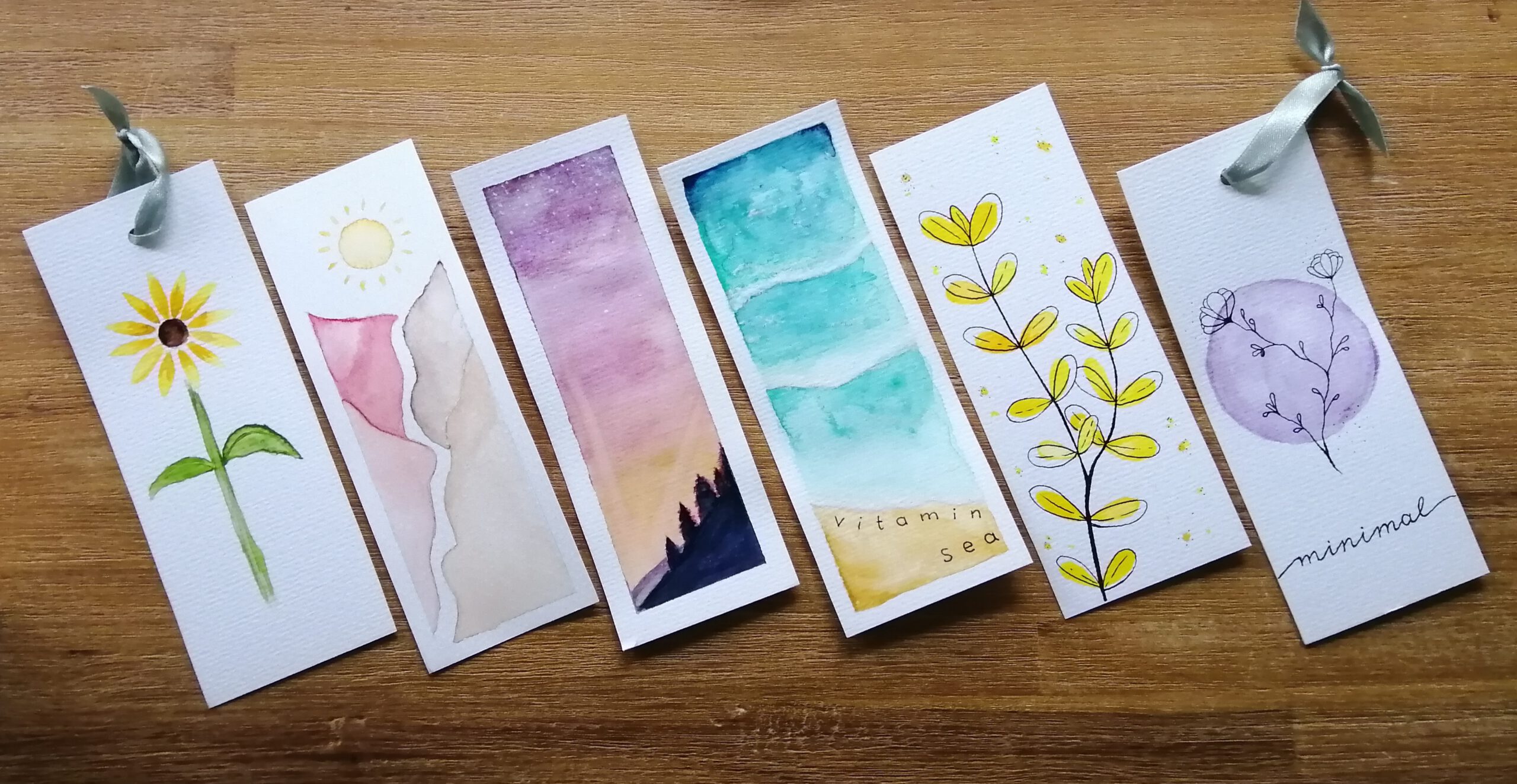 6 Lesezeichen, die Bernadettes Tochter mit Aquarellfarben selbst gestaltet hat